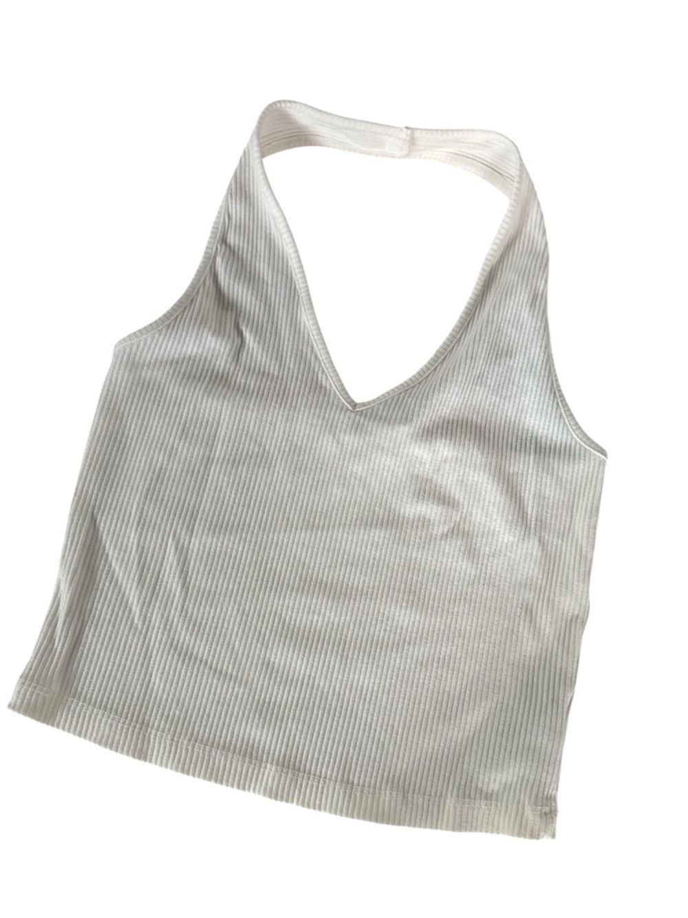 NA-KD White Ribbed V-Neck Halter Tank Top NWT